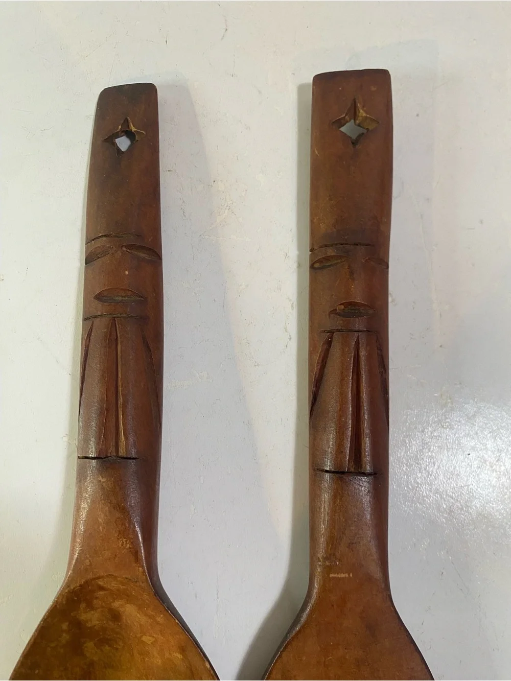 Vintage Carved Totem Monkey Pod Wooden Fork & Spoon 13” Length Partial Sticker